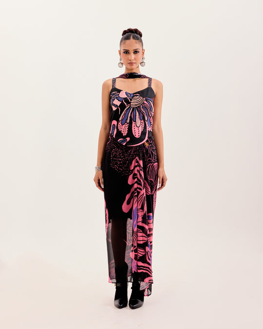 Noir Floral Escape Corset Draped Set