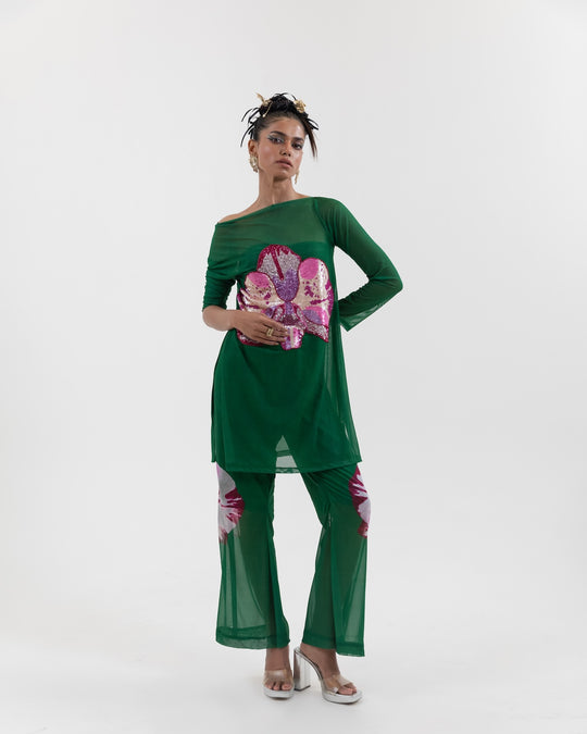 Olive Bloom Mesh Coord Set