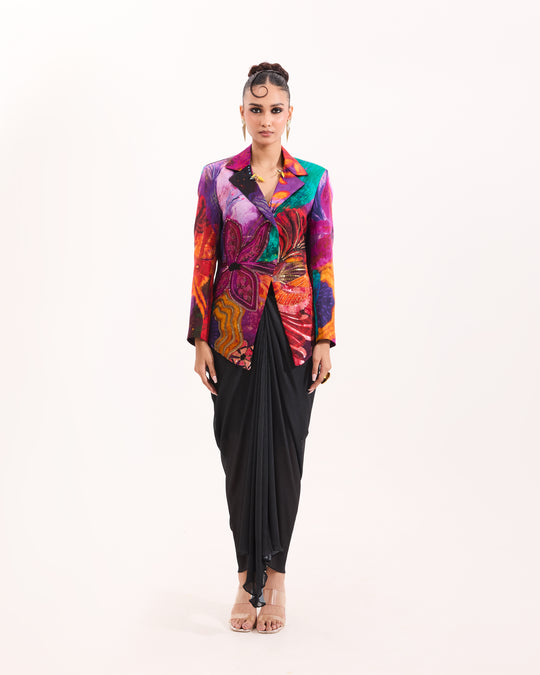 Violet sculpted Aranyani blazer drape skirt set