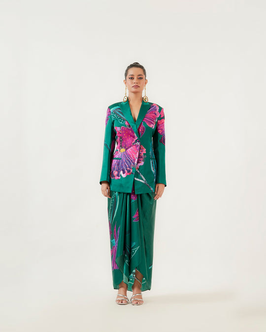 Emerald Crest Blazer Skirt Set