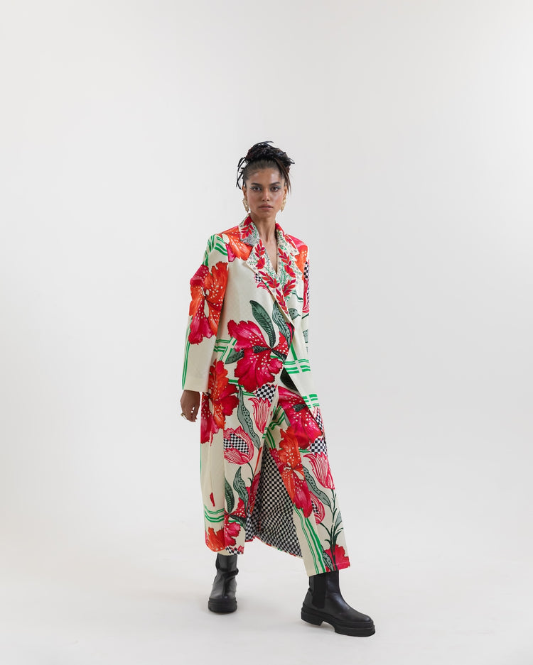 White Checks Trench Coat Cigarette Pants Set