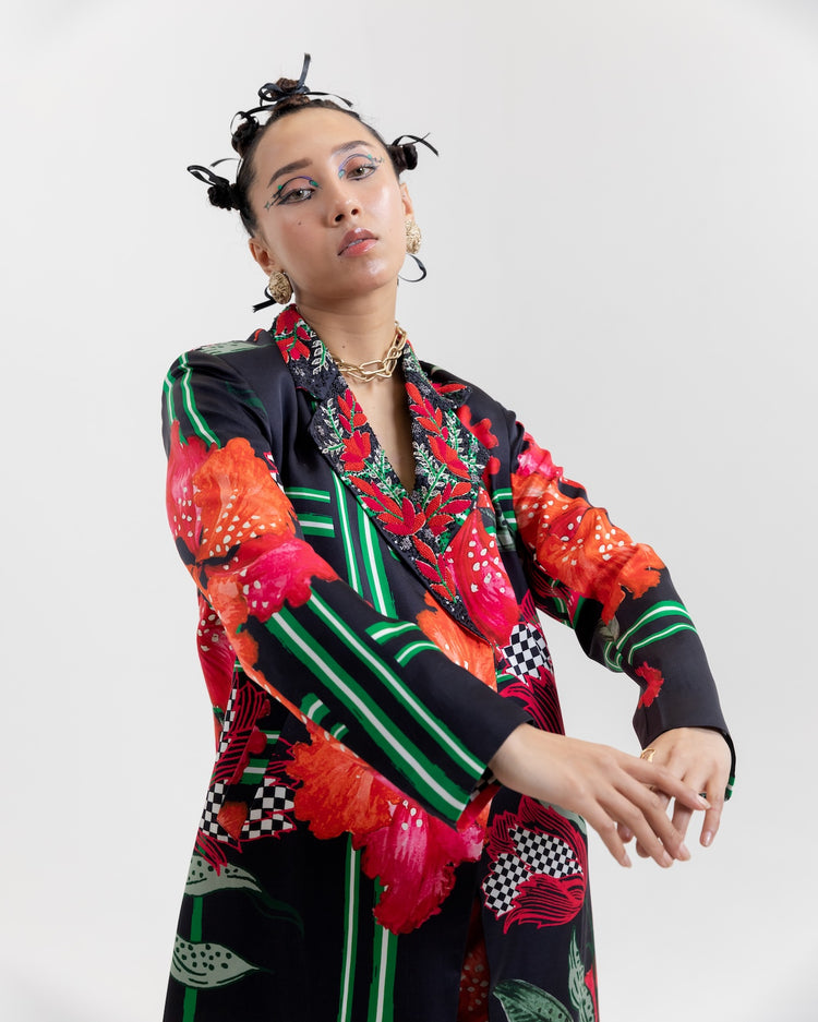 Black Checks Trench Coat Cigarette Pants Set