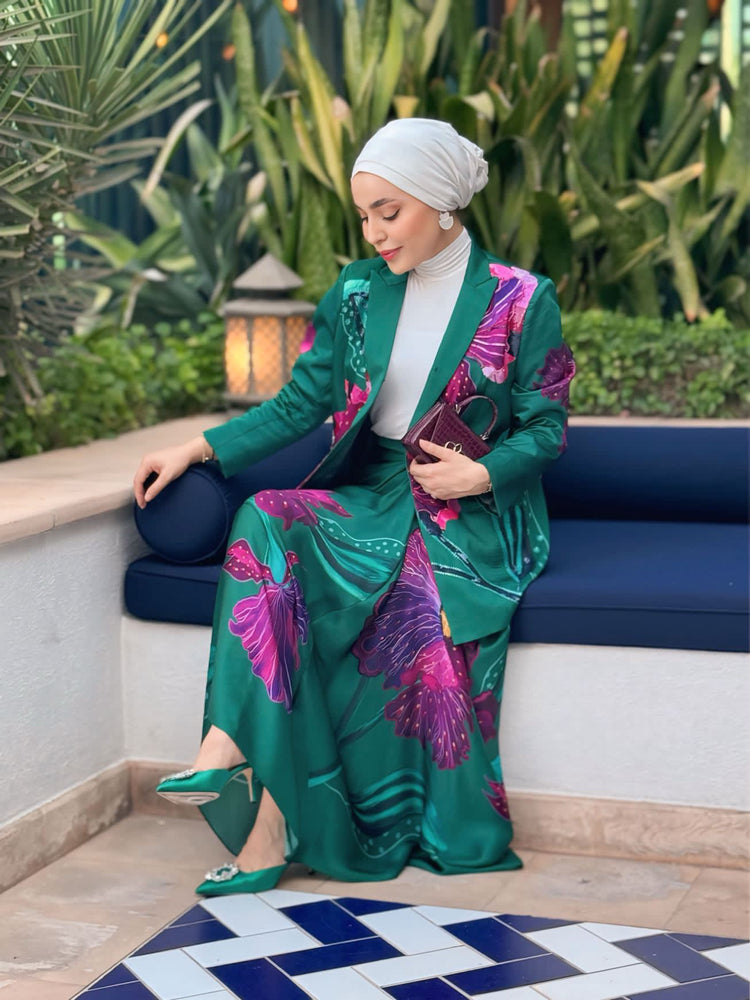 Emerald Crest Blazer Skirt Set