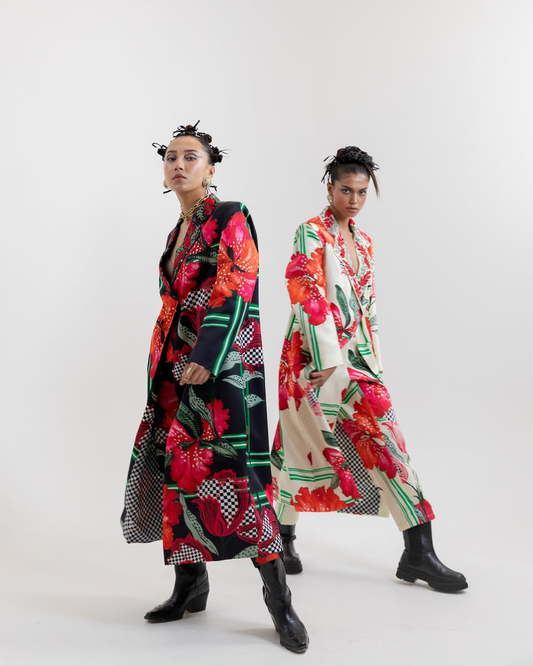 White Checks Trench Coat Cigarette Pants Set