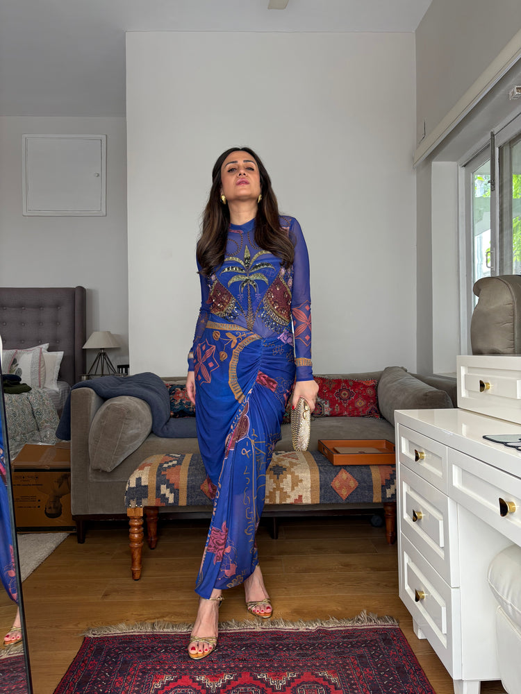 Cobalt Palm of Fortune Talisman Drape Dress