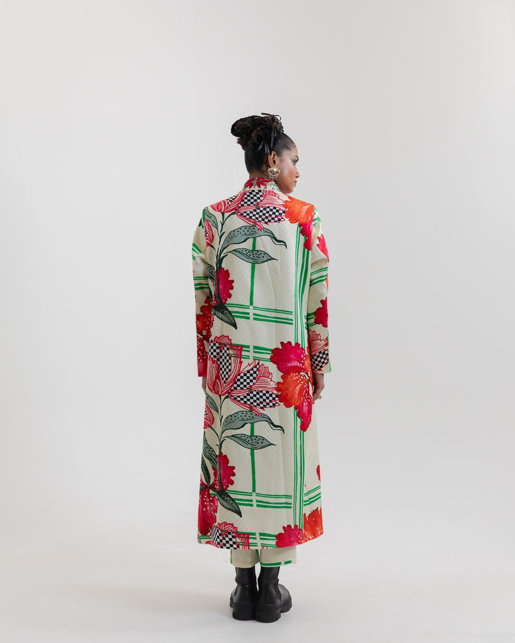 White Checks Trench Coat Cigarette Pants Set