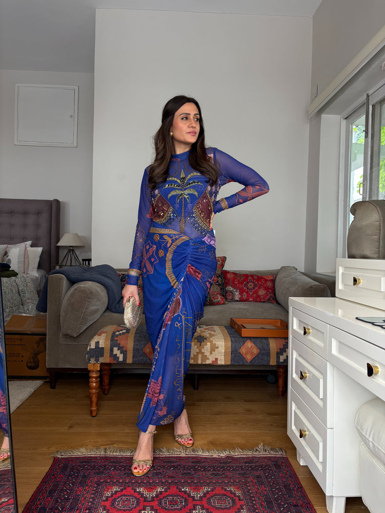 Cobalt Palm of Fortune Talisman Drape Dress
