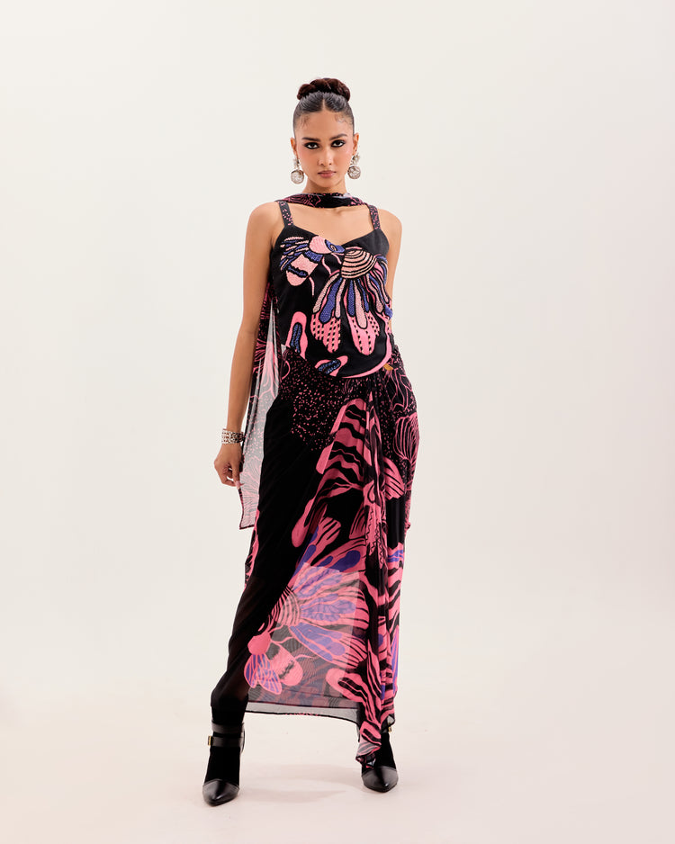 Noir Floral Escape Corset Draped Set 