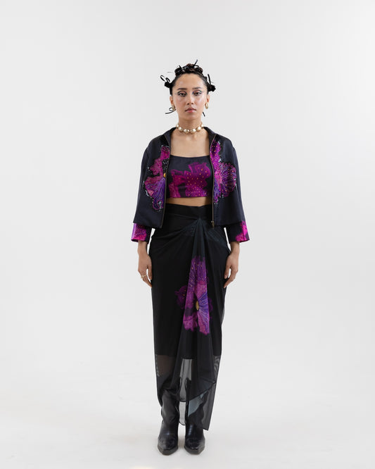 Black bomber Jacket Top Drape Skirt Set