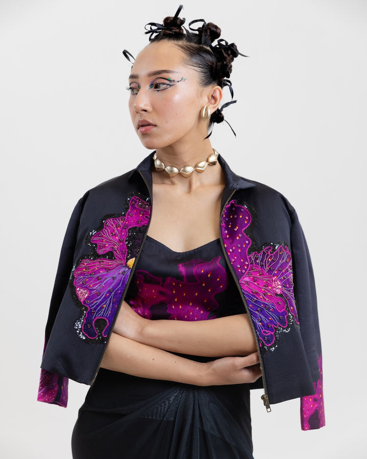 Black bomber Jacket Top Drape Skirt Set