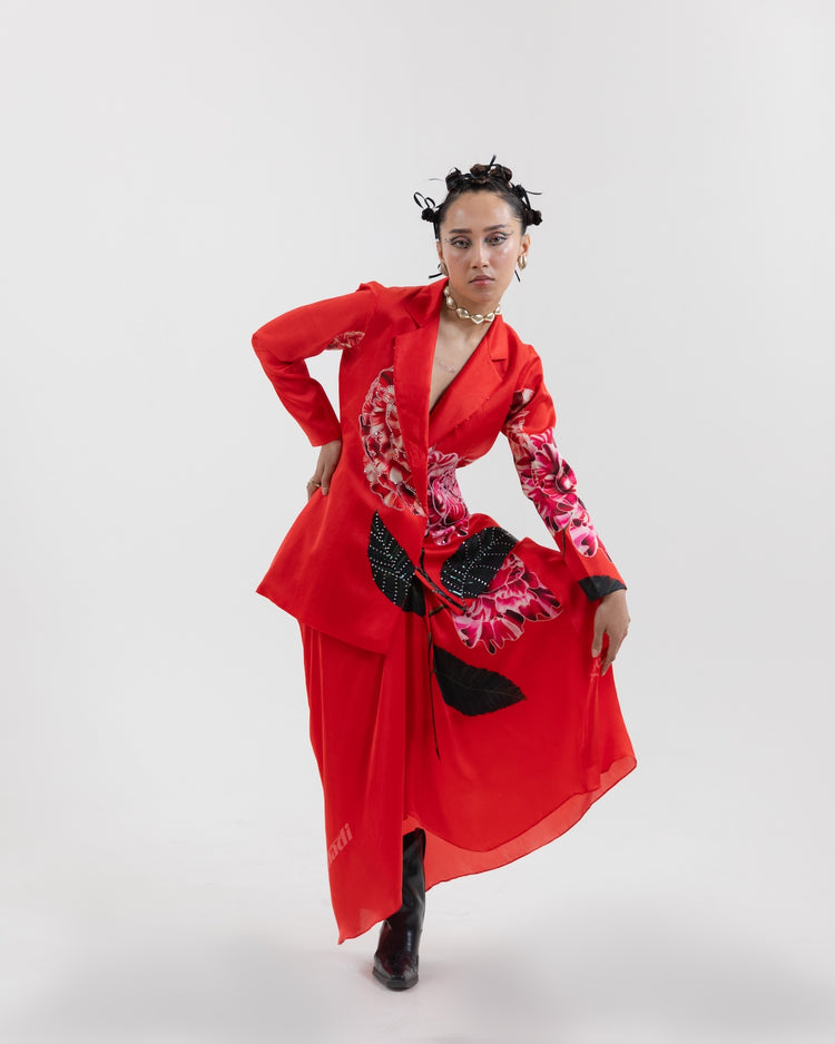 Red Phuljhadi Blazer Drape Skirt Set