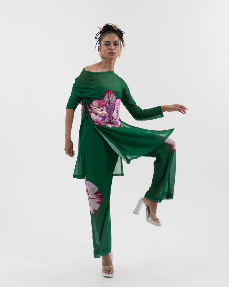 Olive Bloom Mesh Coord Set