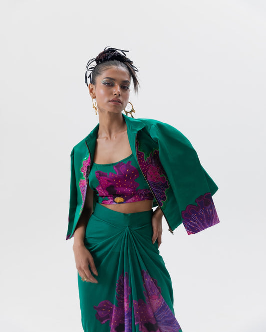 Green Bomber Jacket Top Drape Skirt Set