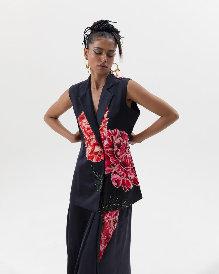 Sleeveless Black Phuljhadi Blazer Drape Skirt Set