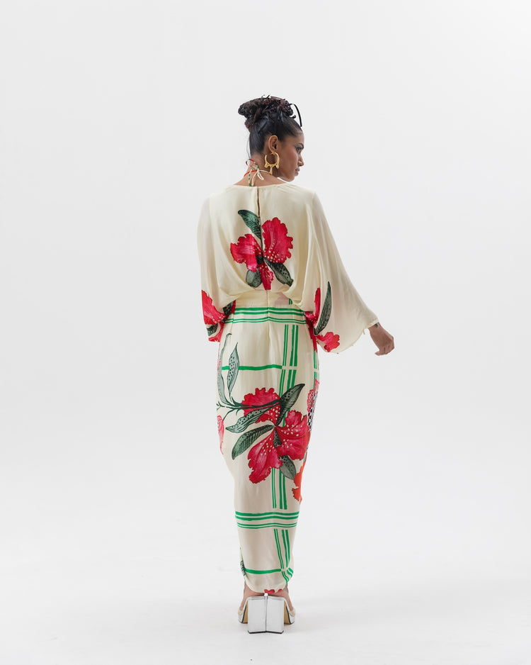 Cream Embroidered Drape Dress