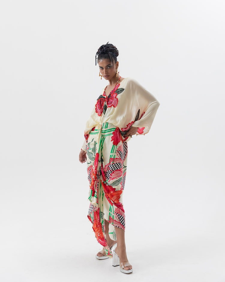 Cream Embroidered Drape Dress