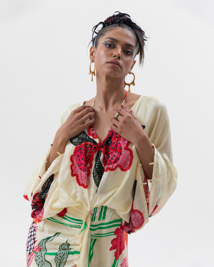 Cream Embroidered Drape Dress