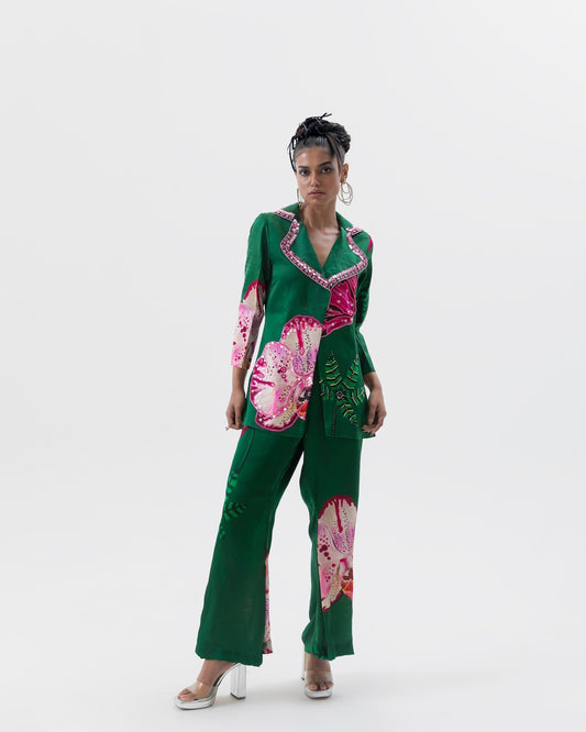 Olive Bud Lapel Jacket Flare Pant Set