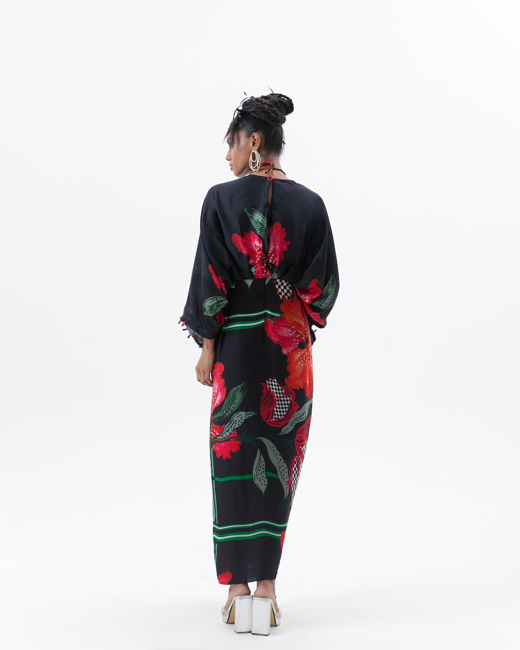 Black Embroidered Drape Dress