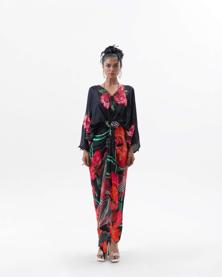 Black Embroidered Drape Dress