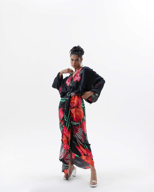 Black Embroidered Drape Dress