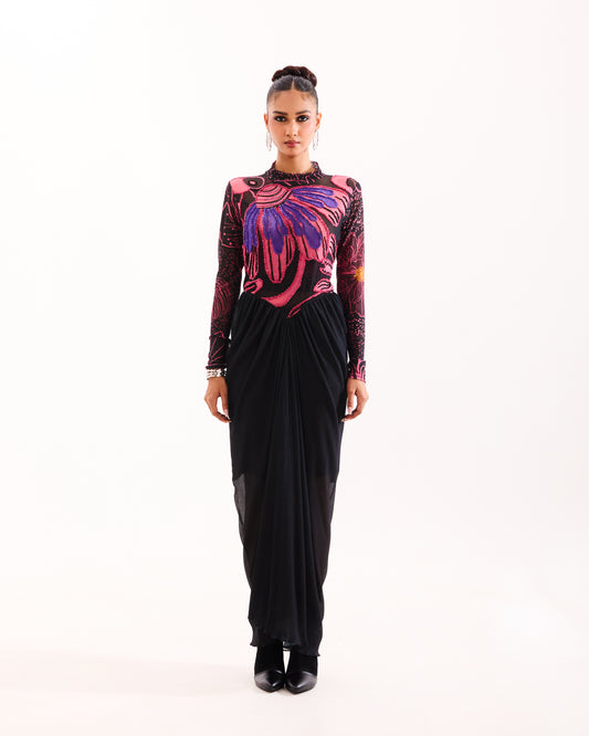 Black floral escape drape dress