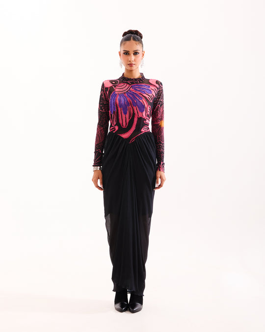 Black floral escape drape dress