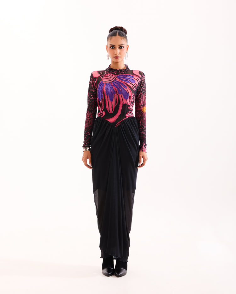 Black floral escape drape dress