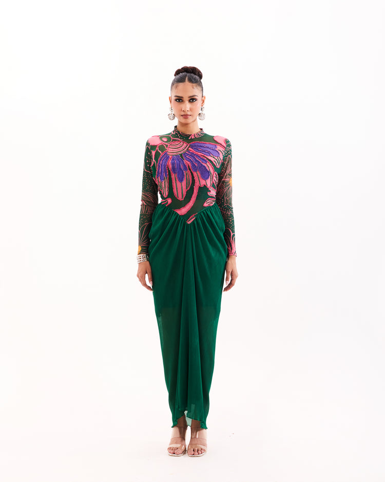 Emerald floral escape drape dress