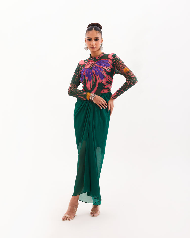 Emerald floral escape drape dress