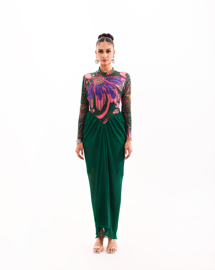 Emerald floral escape drape dress