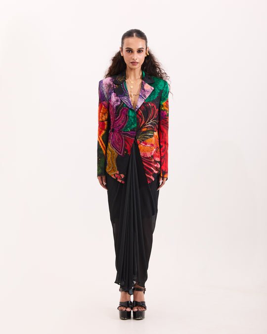 Black sculpted Aranyani blazer drape skirt set