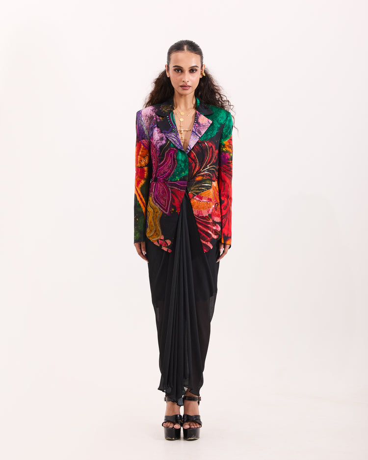 Black sculpted Aranyani blazer drape skirt set