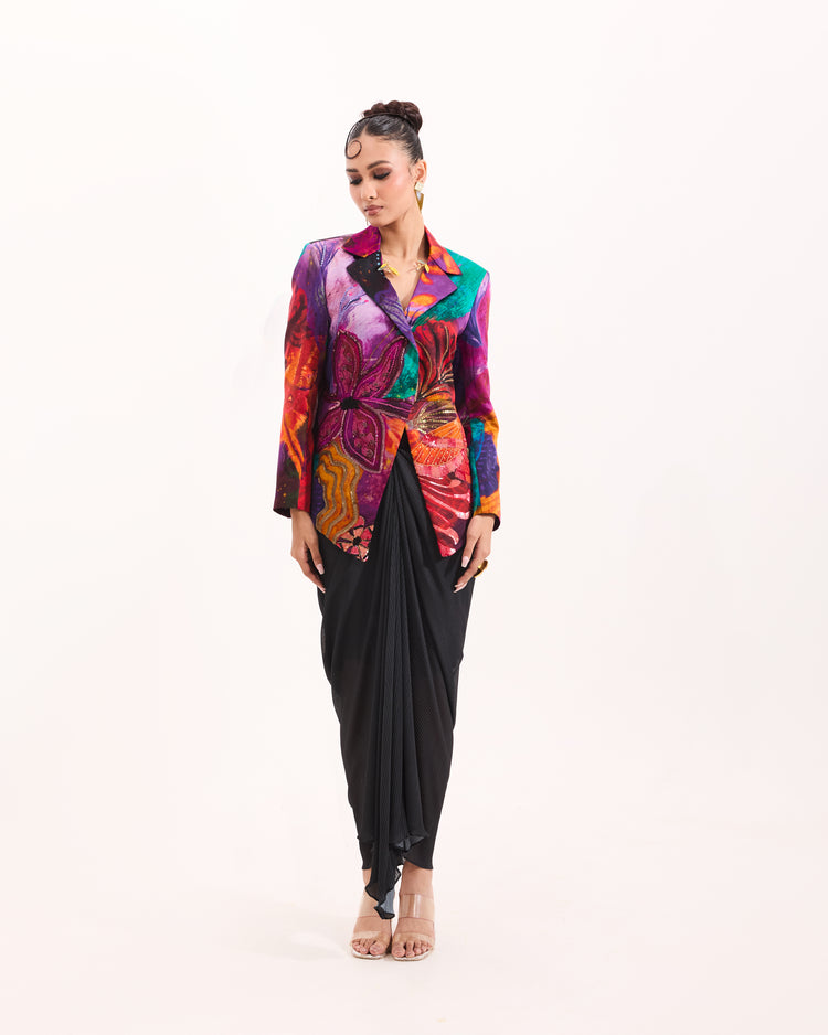 Violet sculpted Aranyani blazer drape skirt set