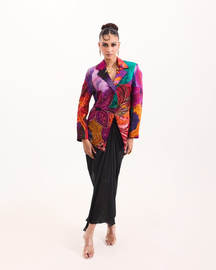 Violet sculpted Aranyani blazer drape skirt set