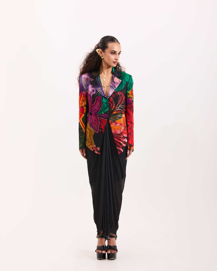 Black sculpted Aranyani blazer drape skirt set