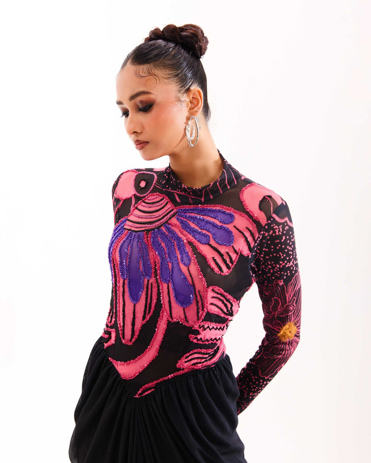 Black floral escape drape dress