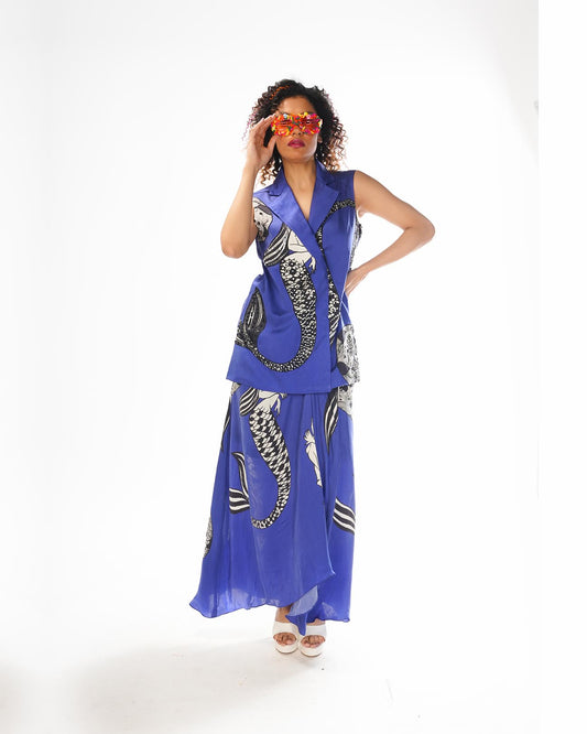 Blue mermaid sleeveless jacket skirt set
