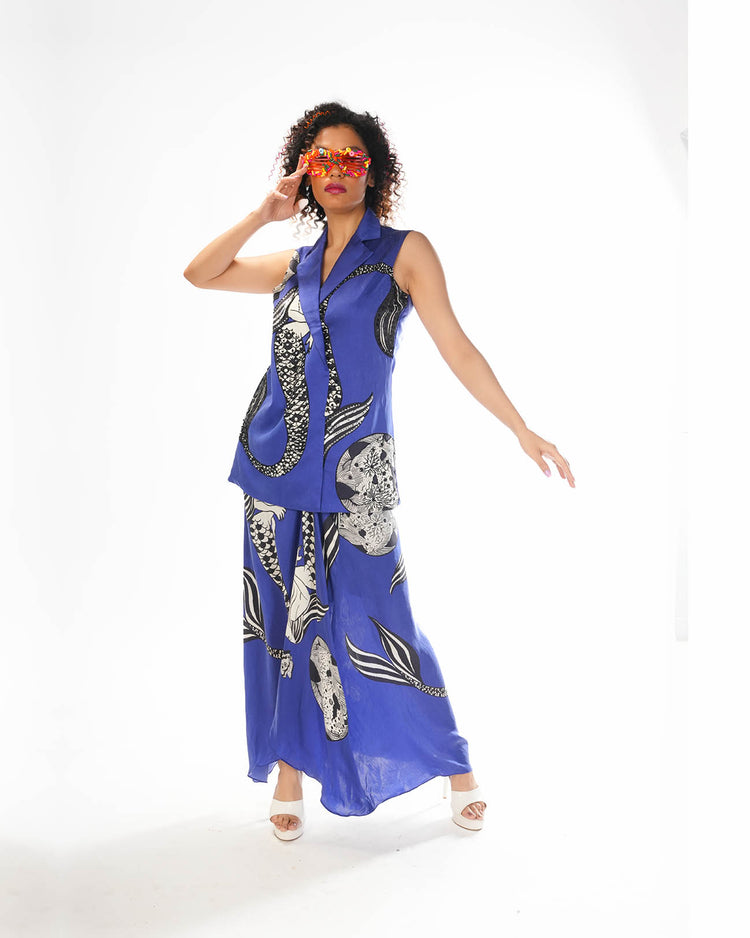 Blue mermaid sleeveless jacket skirt set
