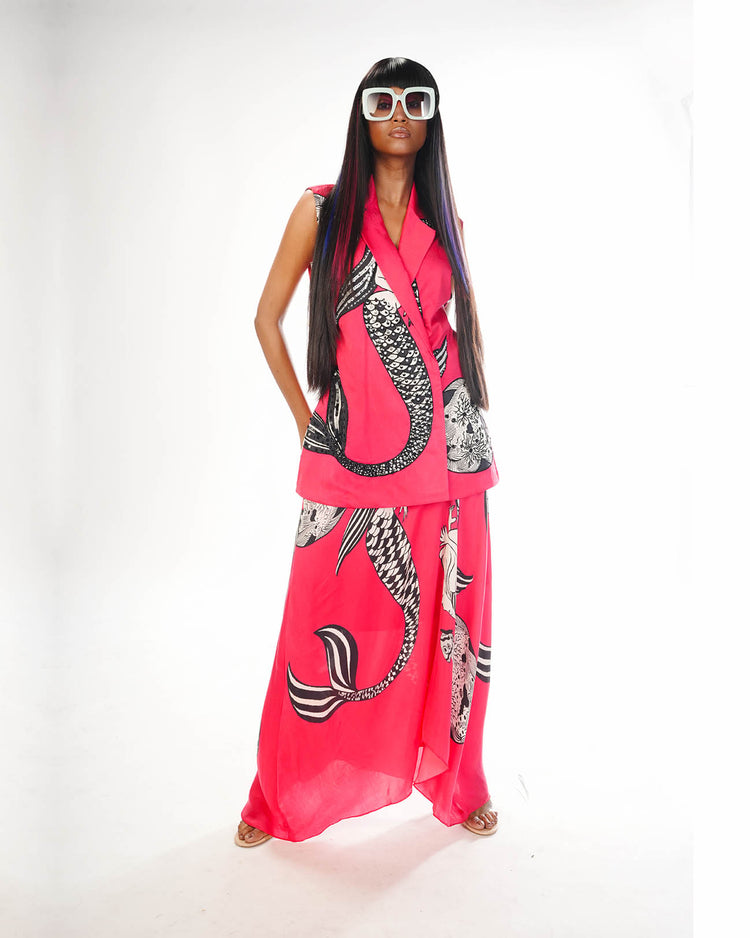 Red mermaid sleeveless jacket skirt set
