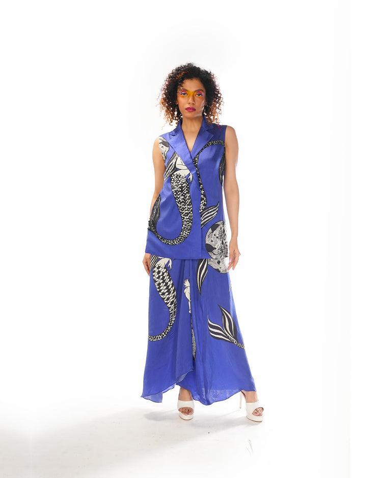 Blue mermaid sleeveless jacket skirt set