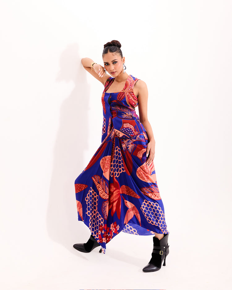 Blue tropical waistcoat skirt set