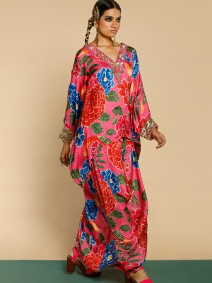 Pink Siddhidatri Embroidered Kaftan Top Drape Skirt Set