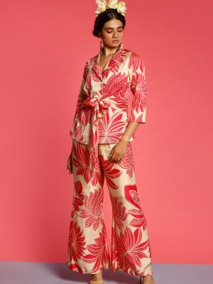 Skandamata Pink Embroidered Front Knot Blazer Pant Coord