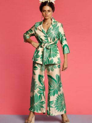 Skandamata Green Embroidered Front Knot Jacket Pant Coord