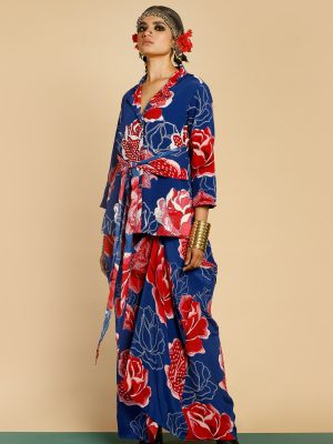 Blue Rose Angrakha Jacket Drape Skirt Set