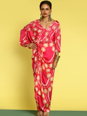 Pink Katyani Embroidered Cocktail Drape Dress