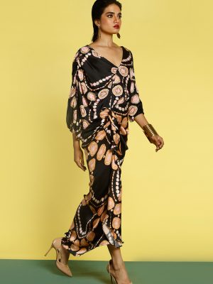 Black Katyani Embroidered Cocktail Drape Dress