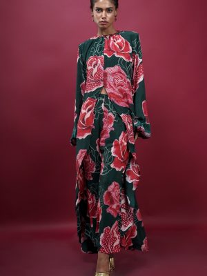 Green Rose Long Slit Top Pant Set