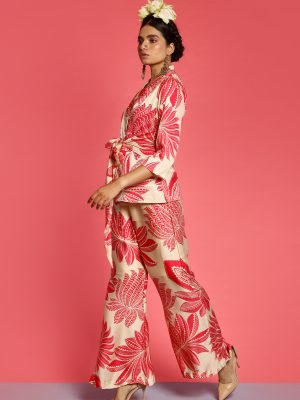 Skandamata Pink Embroidered Front Knot Blazer Pant Coord